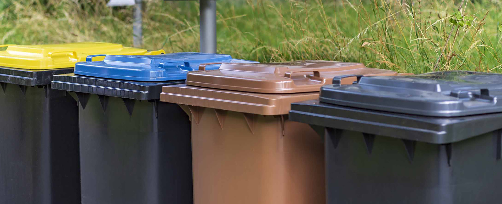 Darstellung der vier Abfallbehälter für Restmüll, Biomüll, Altpapier und Leichtverpackungen
