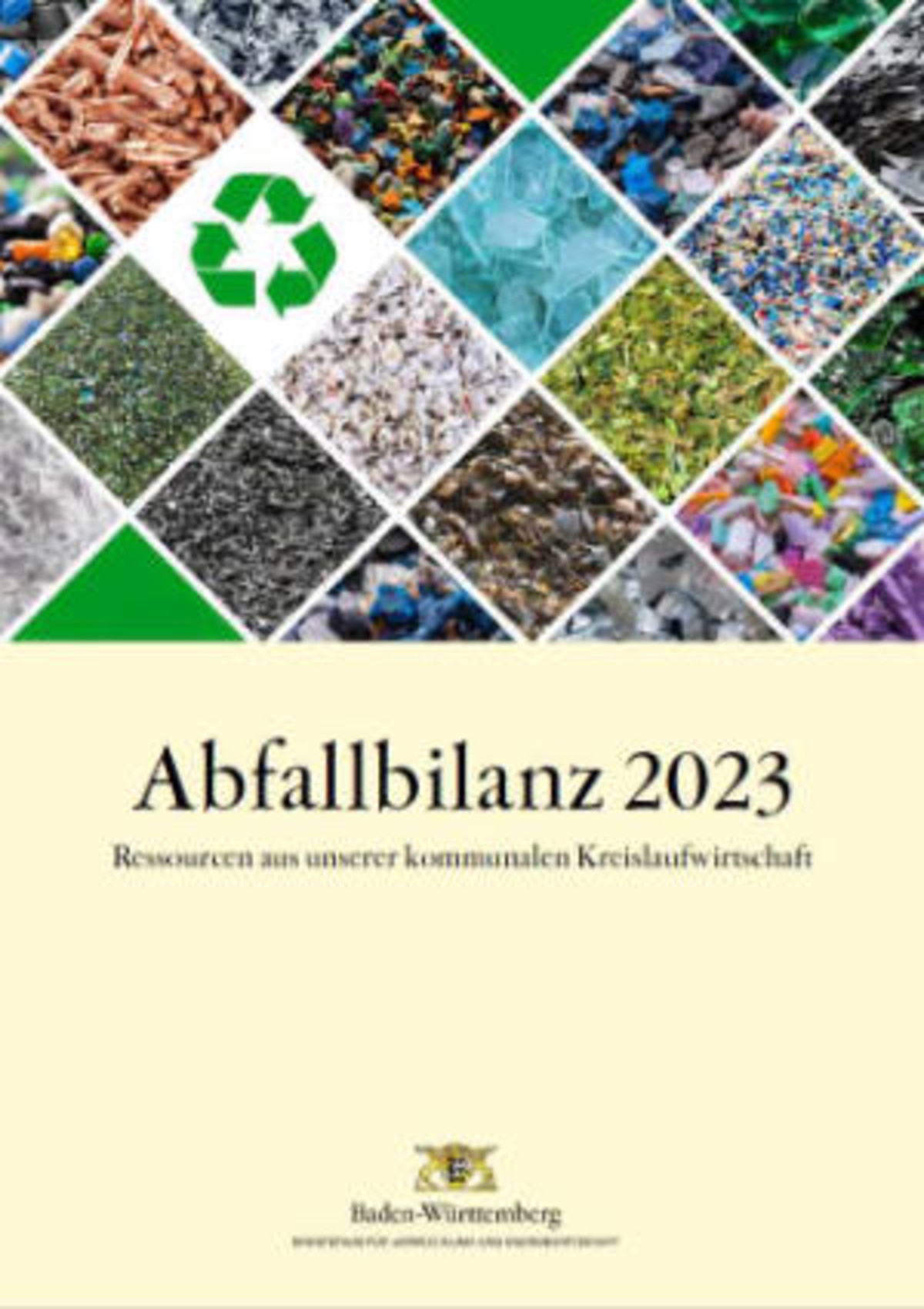 Titelbild der Abfallbilanz Broschüre 2023 von Baden Württemberg. Bildmotiv sind unterschiedliche Rezyklate.